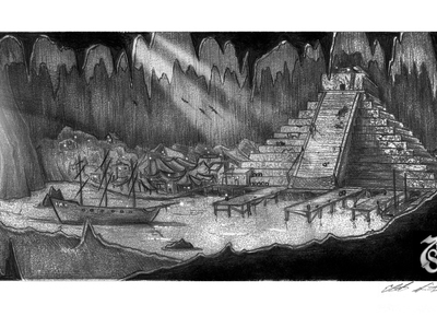 This pyramid miniature concept design illustration was later fabricated into a full set miniature used in a film.